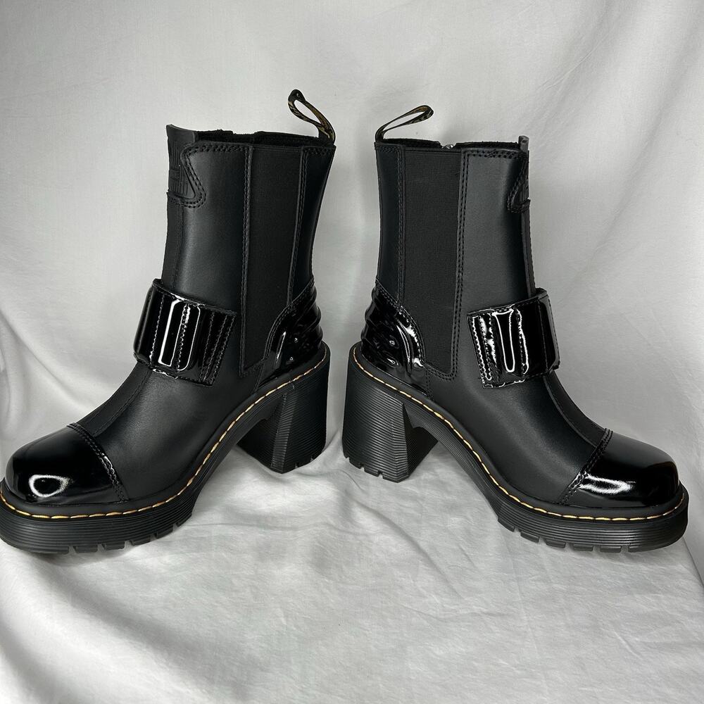 Dr. Martens Gaya Chelsea Strap Black Patent Sendal Leather Heeled Boots Womens 7 - Picture 6 of 9
